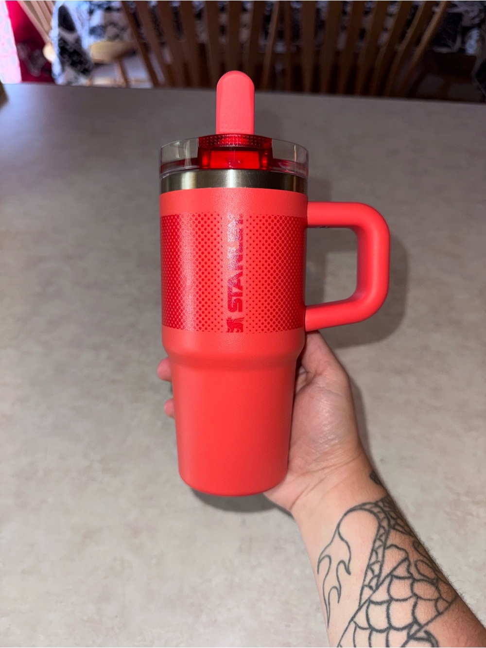 Stanley Neon Red Travel Tumbler with Handle